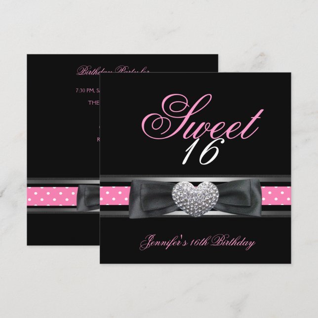 Sweet 16 Birthday Party Black Pink White Spot 3 Einladung (Vorne/Hinten)