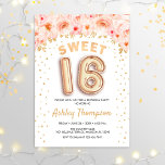 Sweet 16 Birthday Party - Blumengoldballons Einladung<br><div class="desc">Sweet 16 Geburtstagsfeier Einladung. Elegantes Design in Imitaten Glitzer Gold mit Blumenakzent. Einladende Karte mit Goldnummer 16 Ballons,  Skript-Schriftart mit Konfetti. Rosa,  weiß,  blaue Koralle. Ideal für eine stilvolle sechzehnte Feier. Nachricht,  wenn du ein Alter brauchst.</div>