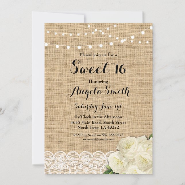 Sweet 16 Birthday Party Burlap Lace Rose laden Einladung (Vorderseite)