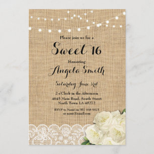 Sweet 16 Birthday Party Burlap Lace Rose laden Einladung