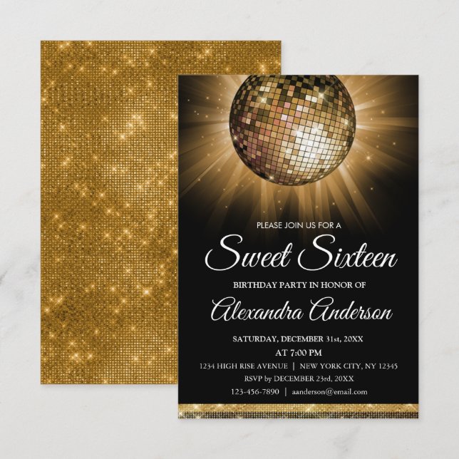 Sweet 16 Birthday Party Gold Disco Ball Einladung (Vorne/Hinten)