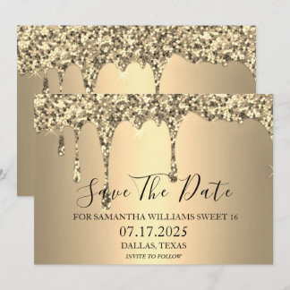 Sweet 16 Birthday Party Gold Sparkle Glitzer Tropf Save The Date