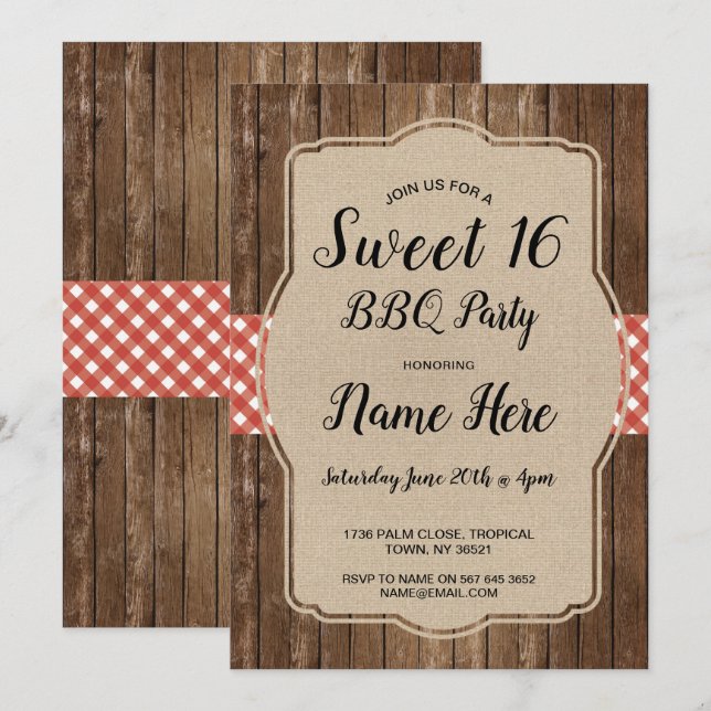 Sweet 16 Birthday Party GRILLEN Red Gingham Burlap Einladung (Vorne/Hinten)