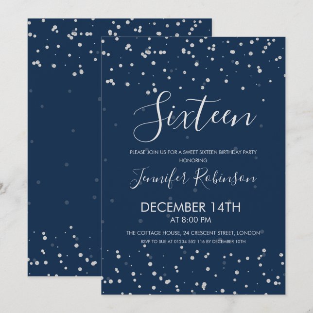 Sweet 16 Birthday Party Navy Silver Foil Dots Einladung (Vorne/Hinten)