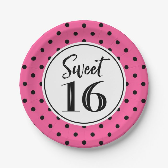 Sweet 16 Birthday Party Pink Schwarz-weiß Dots Pappteller (Vorderseite)