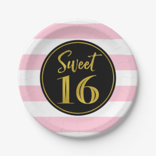 Sweet 16 Birthday Party Pink Schwarz-weiß Stripes  Pappteller