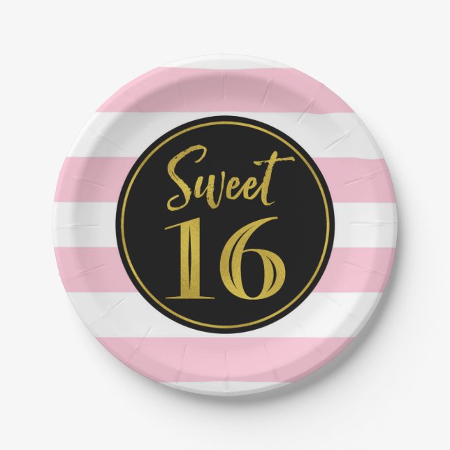 Sweet 16 Birthday Party Pink Schwarz-weiß Stripes  Pappteller (Vorderseite)