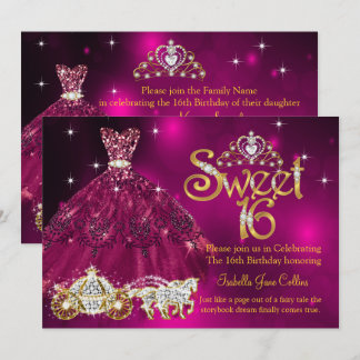 Sweet 16 Birthday Pflaume Pink Kleid Tiara Carriag Einladung