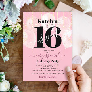 Sweet 16 Birthday Pink Balloons Gold Girly Bold Einladung
