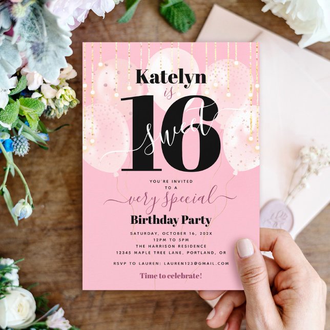 Sweet 16 Birthday Pink Balloons Gold Girly Bold Einladung (Von Creator hochgeladen)