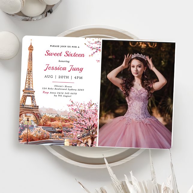 Sweet 16 Birthday Pink Floral Paris Eiffel Foto Einladung (Von Creator hochgeladen)