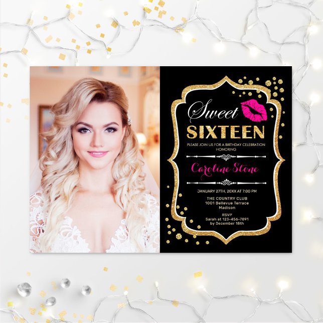 Sweet 16 Birthday Pink Kiss Gold Black Foto Einladung (Von Creator hochgeladen)