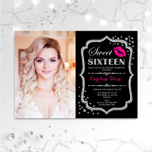 Sweet 16 Birthday Pink Kiss Silver Black Foto Einladung