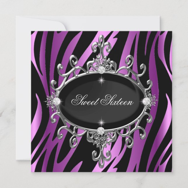 Sweet 16 Birthday Pink Lila Zebra Black Stripe Einladung (Vorderseite)