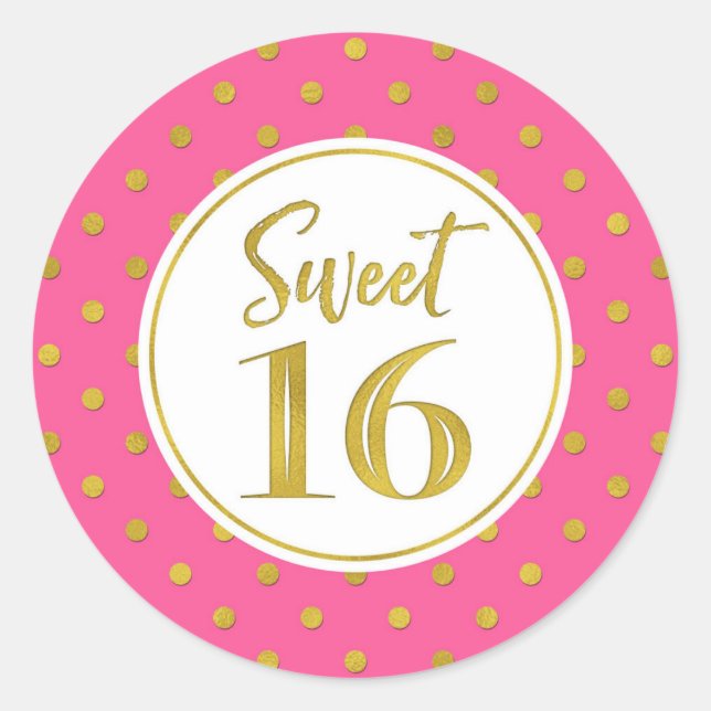Sweet 16 Birthday Pink White Gold Dots Runder Aufkleber (Vorderseite)