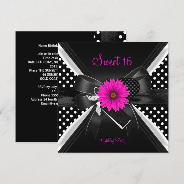 Sweet 16 Birthday Polka Dot Schwarz-weiß Pink Einladung (Vorne/Hinten)