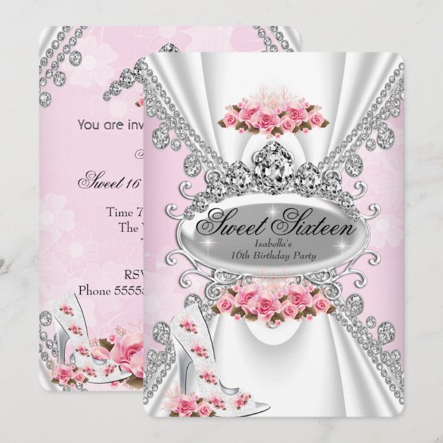 Sweet 16 Birthday Princess Pink Tiara Rose Heelse  Einladung (Vorne/Hinten)