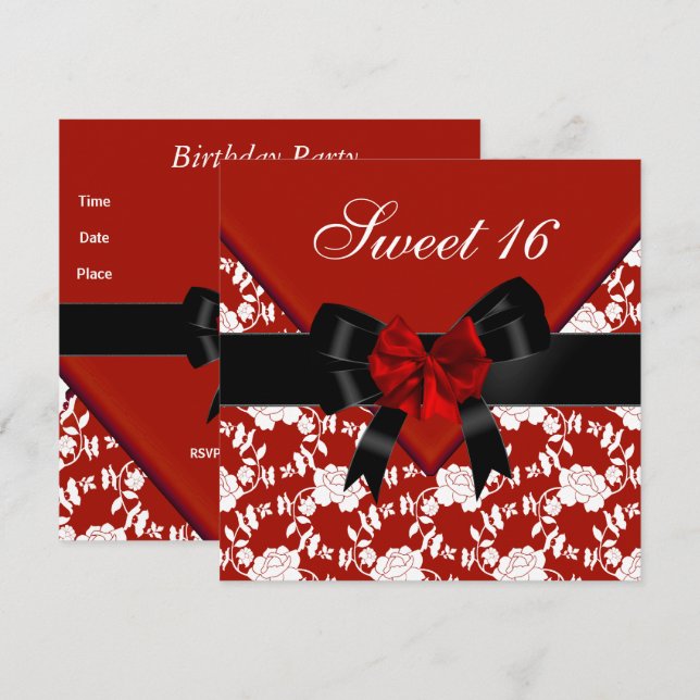 Sweet 16 Birthday Red Schwarz-weiß Floral Bow Einladung (Vorne/Hinten)