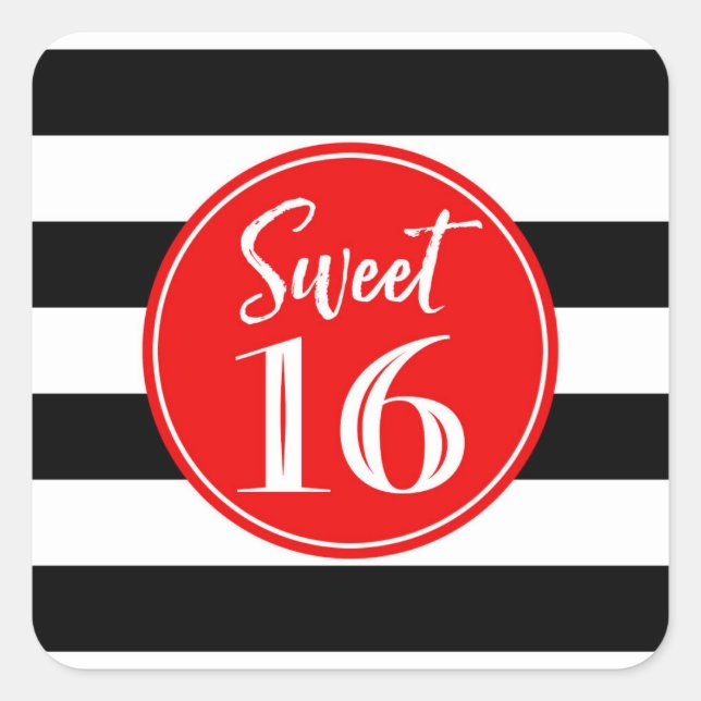 Sweet 16 Birthday Red Schwarz-weiß Quadratischer Aufkleber (Vorderseite)