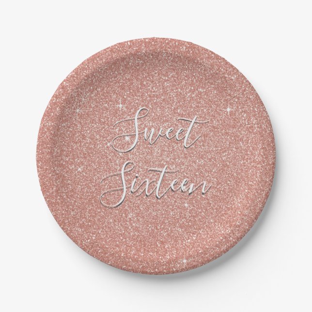 Sweet 16 Birthday Rose Gold Blush Pink Glitzer Pappteller (Vorderseite)