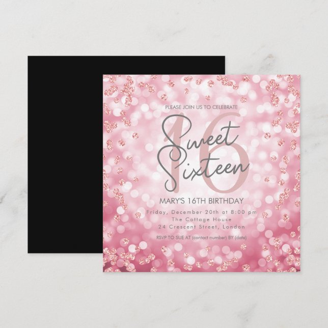 Sweet 16 Birthday Rose Gold Chic Glitzer Lights Einladung (Vorne/Hinten)