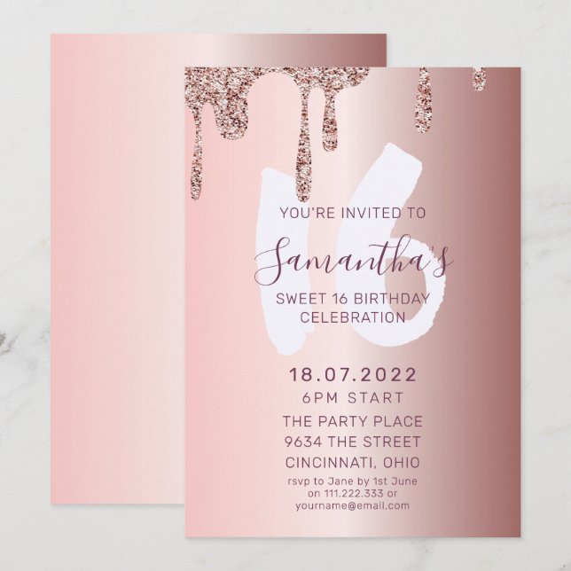 Sweet 16 Birthday Rose Gold Glitzer Einladung (Vorne/Hinten)