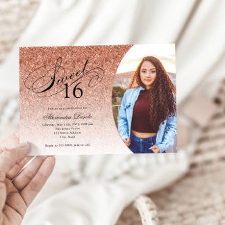 Sweet 16 Birthday Rose Gold Glitzer Glam Foto Einladung