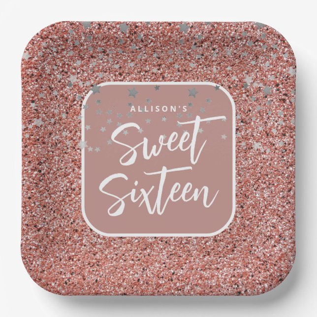 Sweet 16 Birthday Rose Gold Glitzer Personalisiert Pappteller (Vorderseite)