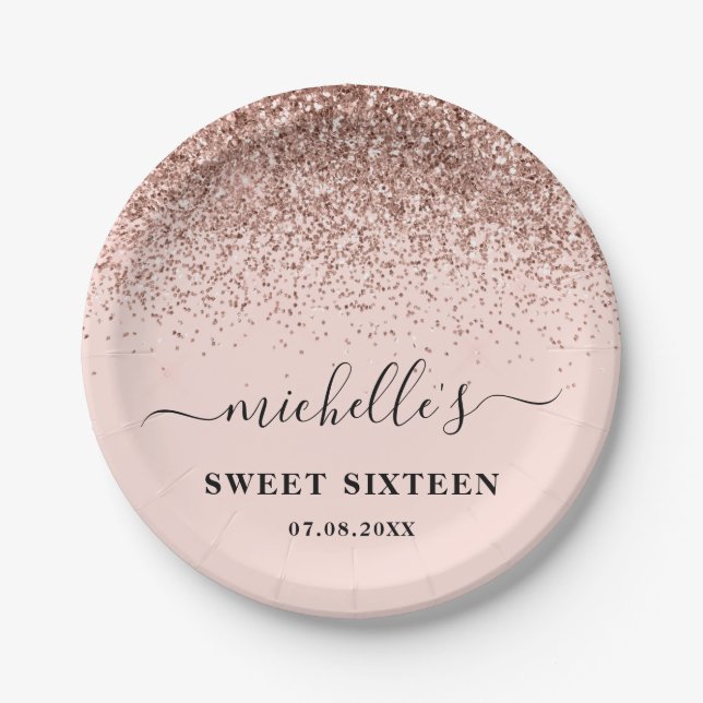Sweet 16 Birthday Rose Gold Glitzer Sparkle Name Pappteller (Vorderseite)