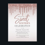 Sweet 16 Birthday Rose Gold Script Party Einladungspostkarte<br><div class="desc">Moderne und elegante 16-jährige Geburtstagsfeier lädt zum Verweilen bei Party ein. Mit Glitzer-Tropfen mit Rose goldener Farbverlauf Hintergrund und Schriftzeichen Typografie.</div>