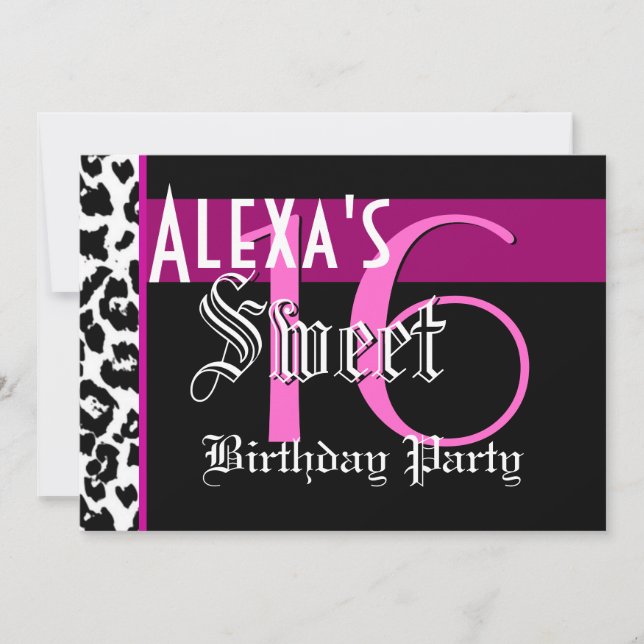 Sweet 16 Birthday Schwarz-weiß Leopard Pink G801 Einladung (Vorderseite)