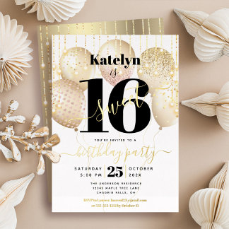 Sweet 16 Birthday Script Balloons White Real Gold Folieneinladung
