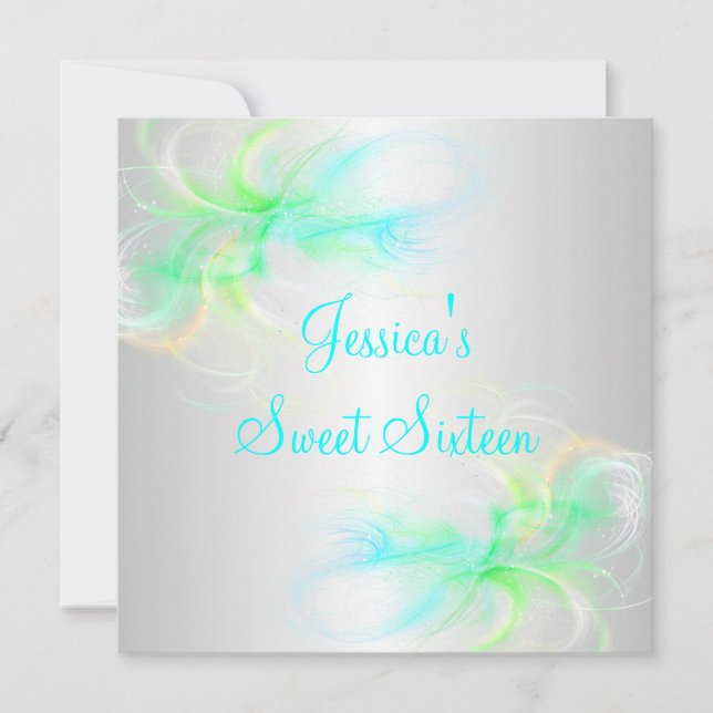 Sweet 16 Birthday Silver & Blue Green Wirbel Einladung (Vorderseite)