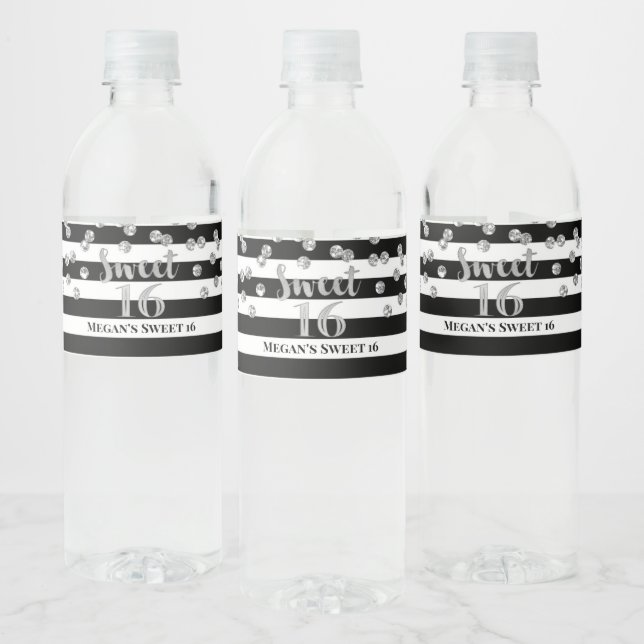 Sweet 16 Birthday Silver Confetti Black Stripes (Flaschen)
