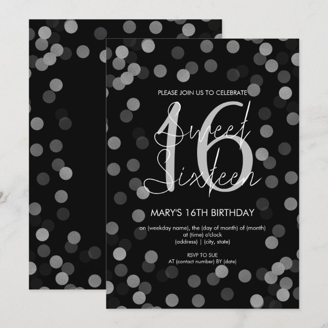 Sweet 16 Birthday Silver Glam Glitzer Black Einladung (Vorne/Hinten)
