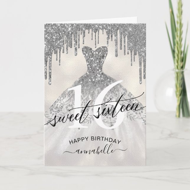 Sweet 16 Birthday Silver Glitzer Tropfen Karte (Vorderseite)