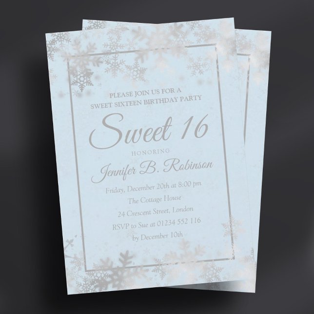 Sweet 16 Birthday Silver Ice Blue Foil Schneeflock Einladung (Sweet 16 Birthday Silver Ice Blue Foil Snowflakes Invitation)