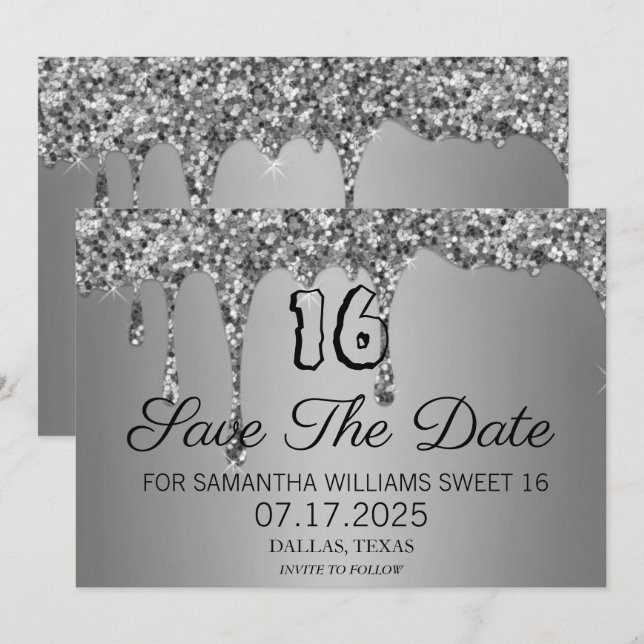Sweet 16 Birthday Silver Sparkle Glitzer Tropfen Save The Date (Vorne/Hinten)