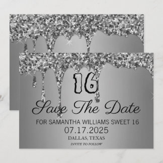 Sweet 16 Birthday Silver Sparkle Glitzer Tropfen Save The Date
