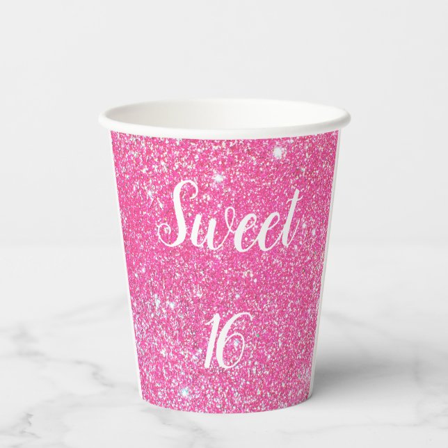 SWEET 16 Birthday Sparkle Hot Pink Glitzer Pappbecher (Rückseite)