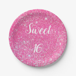 SWEET 16 Birthday Sparkle Hot Pink Glitzer Pappteller