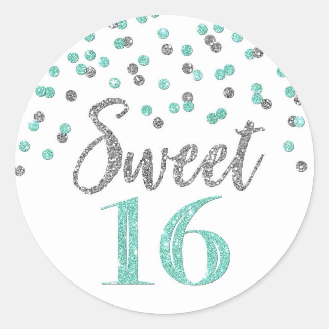 Sweet 16 Birthday Türkis Blue Silver Confetti Runder Aufkleber (Vorderseite)