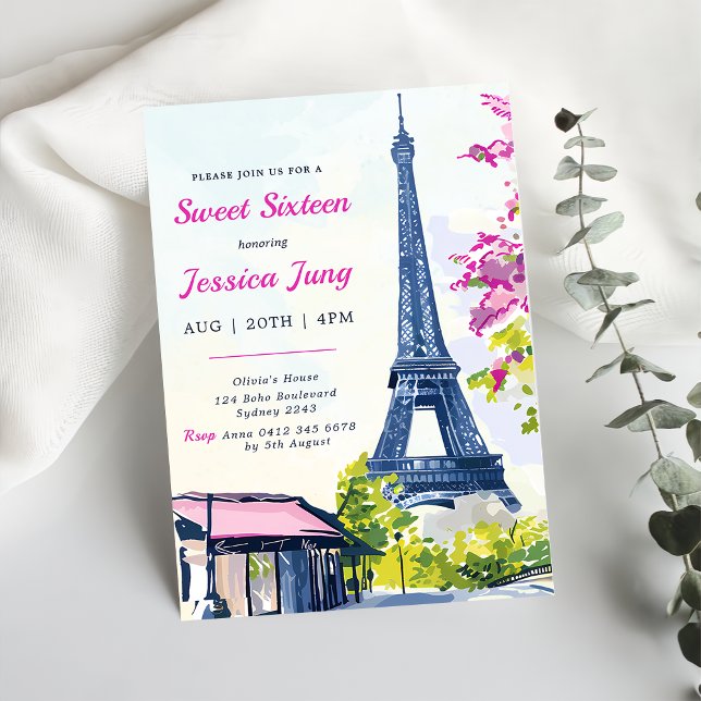 Sweet 16 Birthday Watercolor Blumeneiffelturm Einladung (Von Creator hochgeladen)