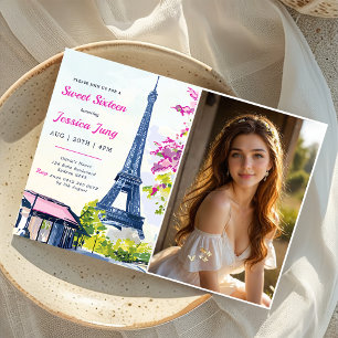 Sweet 16 Birthday Watercolor Floral Eiffel Foto Einladung