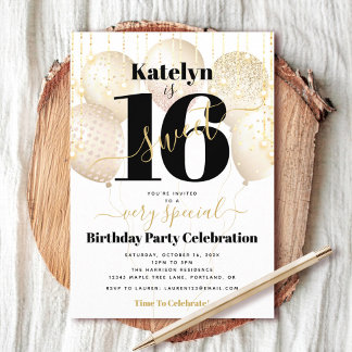 Sweet 16 Birthday White Gold Balloons Girly Glam Einladung