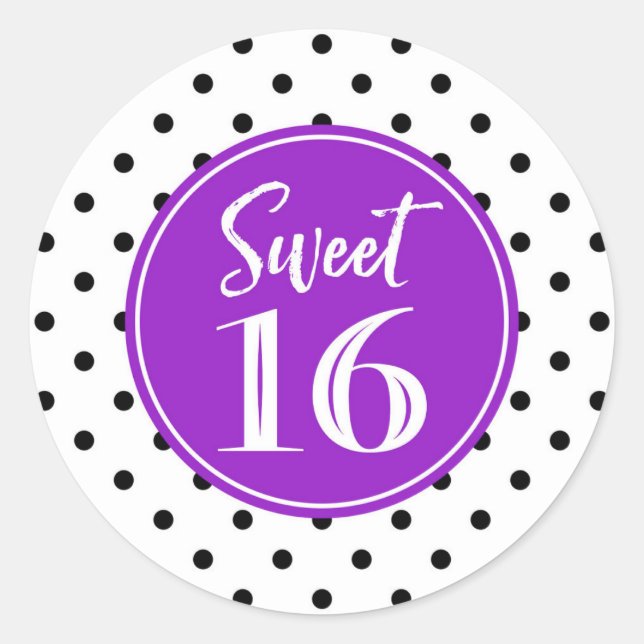 Sweet 16 Birthday White Lila Black Dots Runder Aufkleber (Vorderseite)