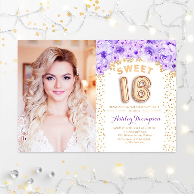 Sweet 16 Birthday With Photo - Gold Purple Floral Einladung (Von Creator hochgeladen)