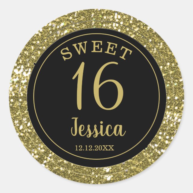 Sweet 16 Black and Gold Glitzer Umschlag Aufkleber (Vorderseite)
