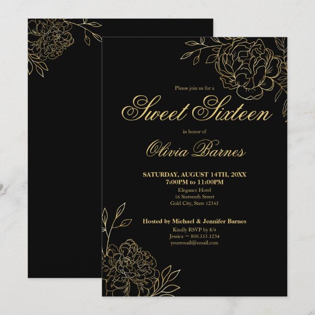 Sweet 16 Black and Gold Line Blume Flora Einladung (Vorne/Hinten)