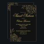 Sweet 16 Black and Gold Line Blume Flora Einladung<br><div class="desc">Black and Gold Sweet 16 Einladung mit eleganten,  skizzierten Blume. Das schicke Blumendesign zeichnet sich durch feine botanische Linienzeichnungen von Blume und Blätter in Gold sowie durch klassische Schriftzeichen-Typografie aus.</div>